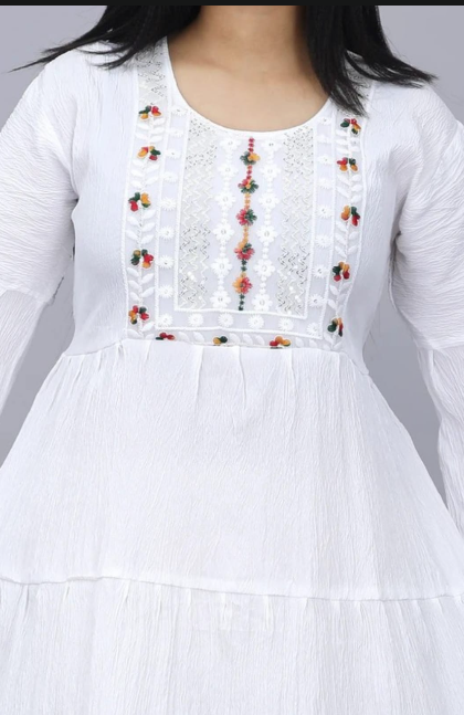Women's White Cotton Embroidered A-Line Midi Dress | Flared Tiered Kurti Dress | 3/4 Tassel Sleeves | Casual Ethnic Summer Cotton Dress for Women