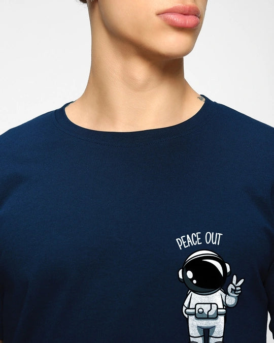 Men's Navy Blue Peace Out Astronaut Graphic Printed T-shirt