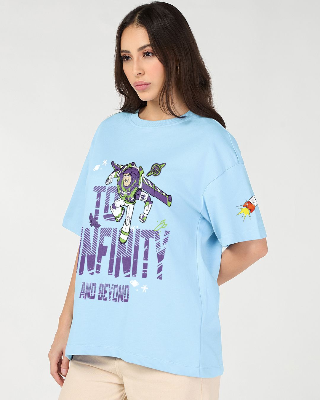 QUNIC Women's Clear Sky Blue Infinity Graphic Printed Oversized T-shirt