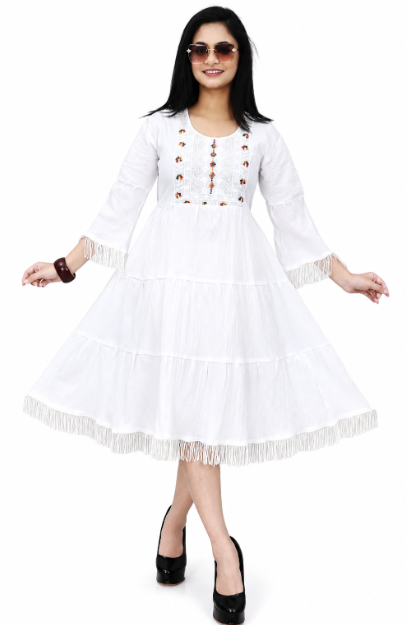 Women's White Cotton Embroidered A-Line Midi Dress | Flared Tiered Kurti Dress | 3/4 Tassel Sleeves | Casual Ethnic Summer Cotton Dress for Women