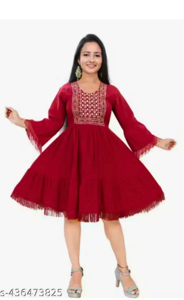 Women's Embroidered A-Line Midi Kurti Dress | 3/4 Bell Sleeves | Tiered Flared Cotton Blend Ethnic Kurta for Casual, Office, Festive Red