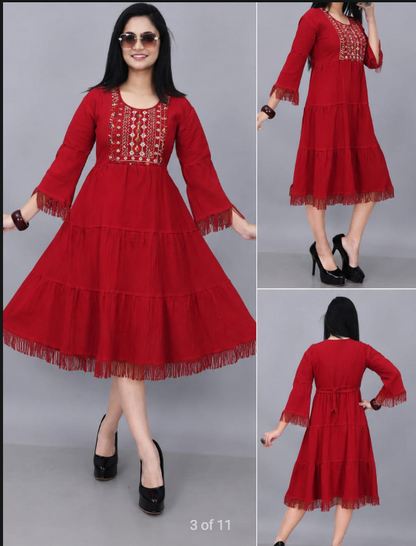 Women's Embroidered A-Line Midi Kurti Dress | 3/4 Bell Sleeves | Tiered Flared Cotton Blend Ethnic Kurta for Casual, Office, Festive Red