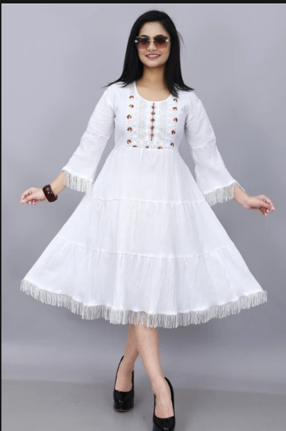 Women's White Cotton Embroidered A-Line Midi Dress | Flared Tiered Kurti Dress | 3/4 Tassel Sleeves | Casual Ethnic Summer Cotton Dress for Women