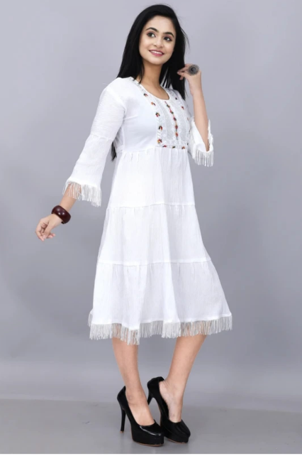 Women's Pure Cotton Embroidered A-Line Midi Dress | White Tiered Kurti Dress | 3/4 Bell Sleeve Casual Ethnic Wear for Women