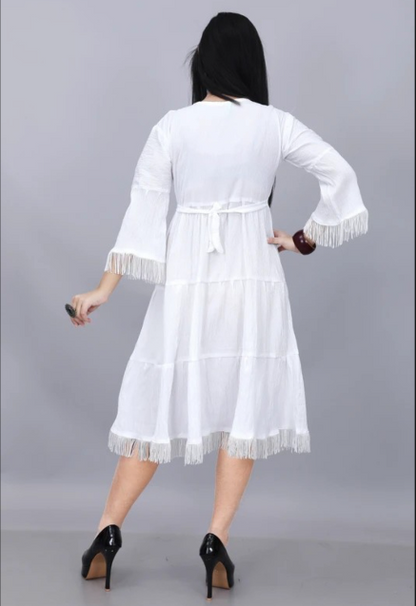 Women's Pure Cotton Embroidered A-Line Midi Dress | White Tiered Kurti Dress | 3/4 Bell Sleeve Casual Ethnic Wear for Women