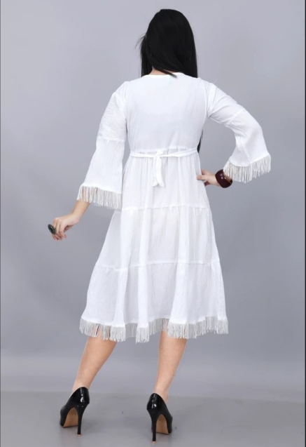 Women's White Cotton Embroidered A-Line Midi Dress | Flared Tiered Kurti Dress | 3/4 Tassel Sleeves | Casual Ethnic Summer Cotton Dress for Women