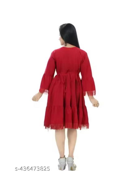 Women's Embroidered A-Line Midi Kurti Dress | 3/4 Bell Sleeves | Tiered Flared Cotton Blend Ethnic Kurta for Casual, Office, Festive Red