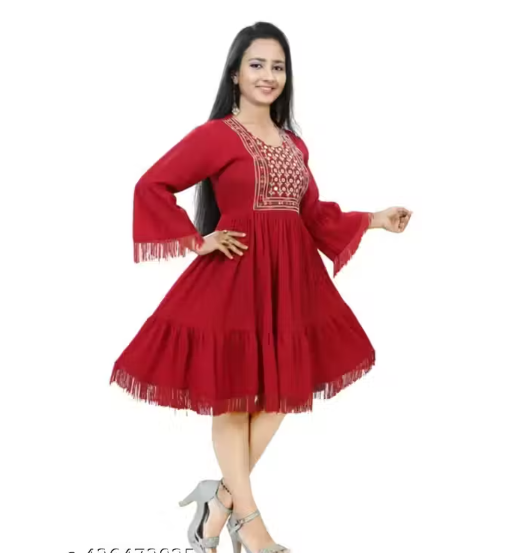 Women's Embroidered A-Line Midi Kurti Dress | 3/4 Bell Sleeves | Tiered Flared Cotton Blend Ethnic Kurta for Casual, Office, Festive Red