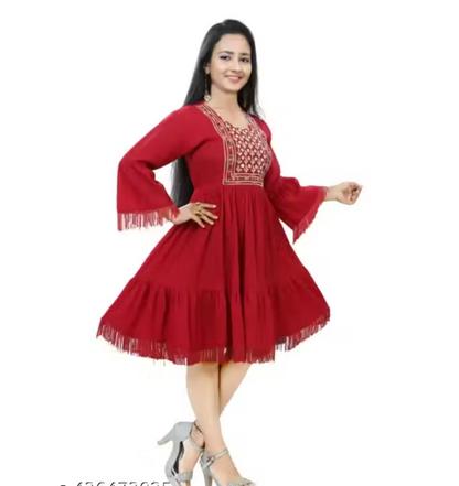 Women's Embroidered A-Line Midi Kurti Dress | 3/4 Bell Sleeves | Tiered Flared Cotton Blend Ethnic Kurta for Casual, Office, Festive Red