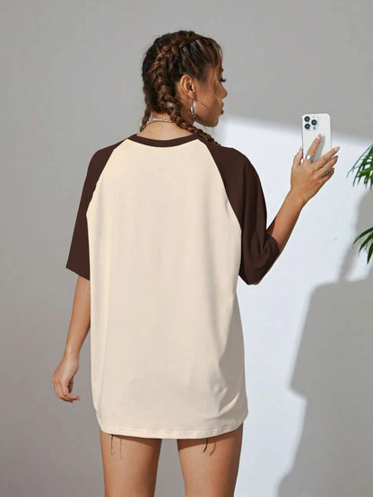 QUNIC Women Printed Round Neck Pure Cotton Beige, Brown T-Shirt