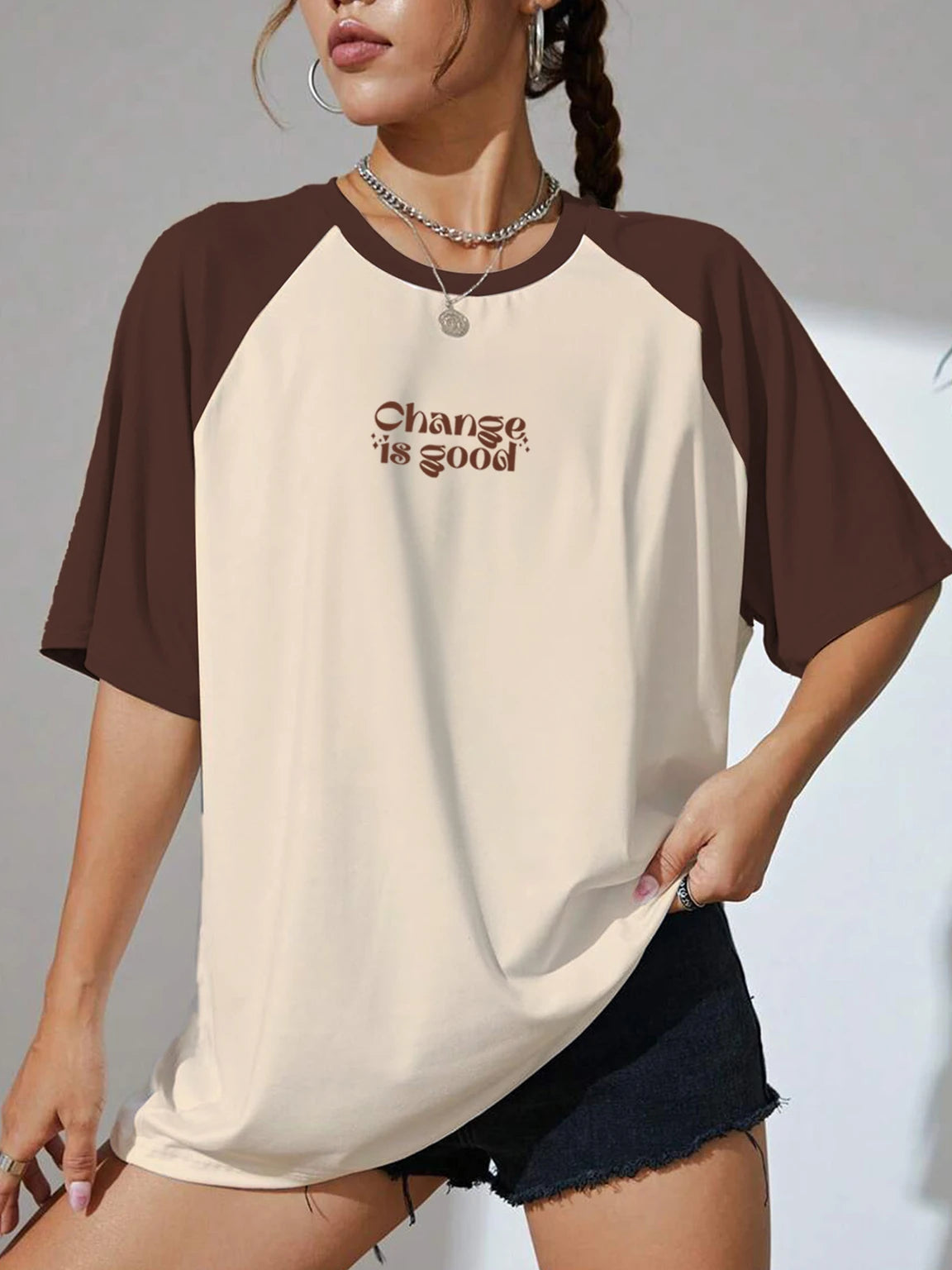 QUNIC Women Printed Round Neck Pure Cotton Beige, Brown T-Shirt