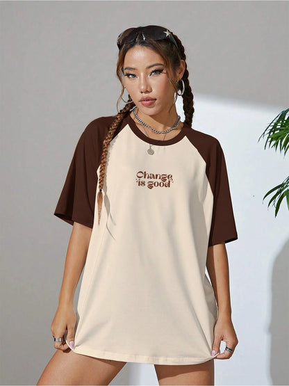 QUNIC Women Printed Round Neck Pure Cotton Beige, Brown T-Shirt