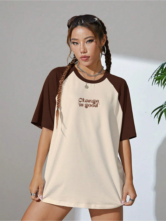 QUNIC Women Printed Round Neck Pure Cotton Beige, Brown T-Shirt