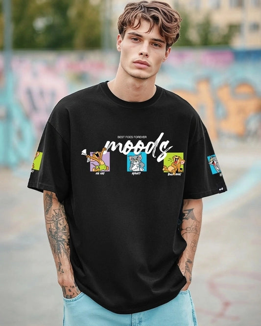 Men's Black Friends & Feelings T&J Graphic Printed Oversized T-shirt