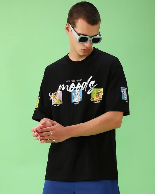 Men's Black Friends & Feelings T&J Graphic Printed Oversized T-shirt