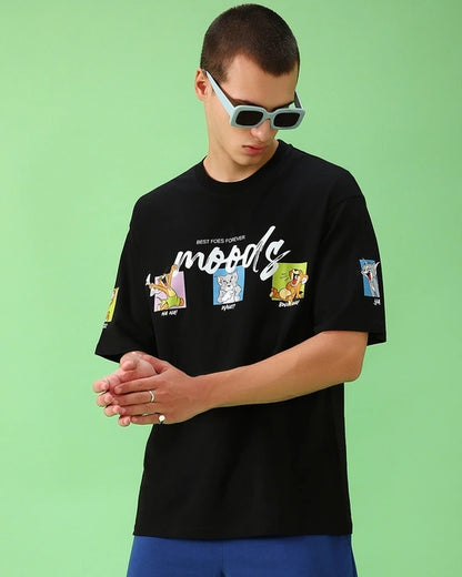 Men's Black Friends & Feelings T&J Graphic Printed Oversized T-shirt