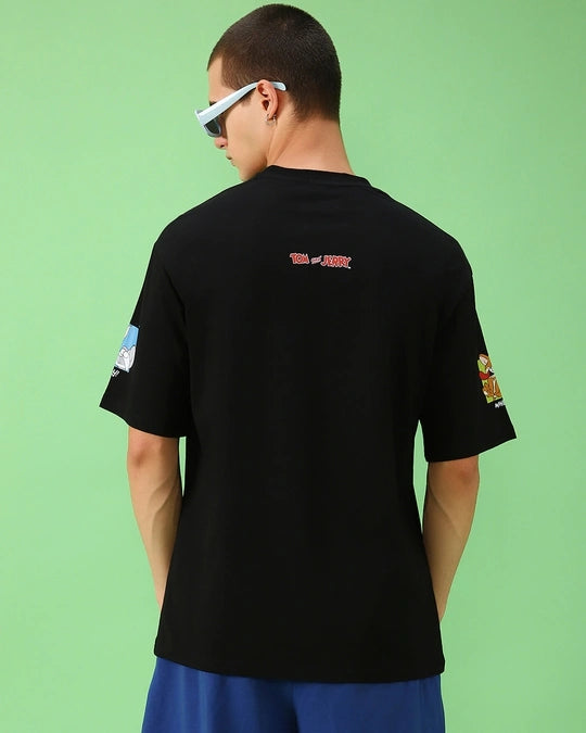 Men's Black Friends & Feelings T&J Graphic Printed Oversized T-shirt