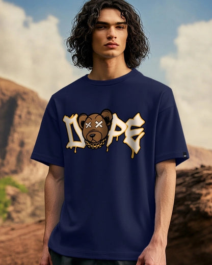 Men's Blue Dope Bear Graphic Printed Oversized T-shirt