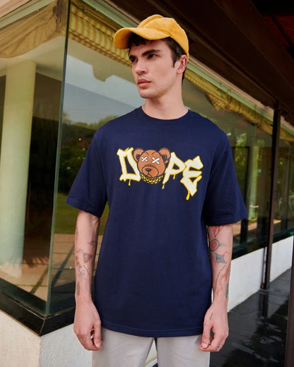 Men's Blue Dope Bear Graphic Printed Oversized T-shirt