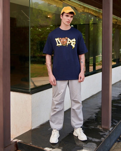 Men's Blue Dope Bear Graphic Printed Oversized T-shirt