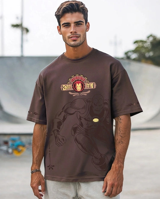 Men's Chocolate Brown Iron Truck Graphic Printed Oversized T-shirt(x5, x10, x20, x50 pcs)