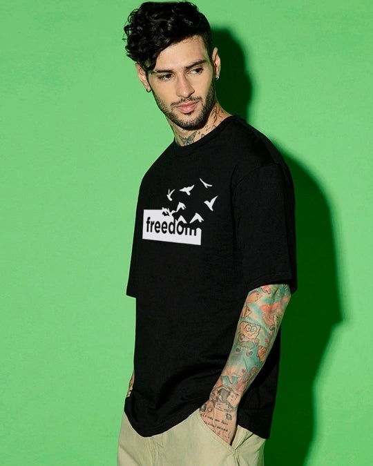 Men's Jet Black Freedom Graphic Printed Oversized T-shirt
