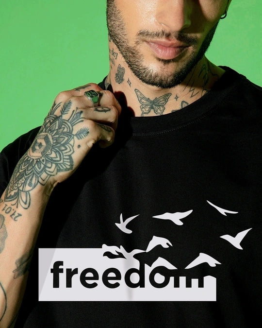 Men's Jet Black Freedom Graphic Printed Oversized T-shirt