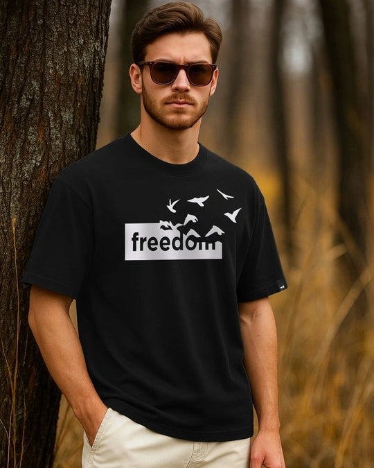 Men's Jet Black Freedom Graphic Printed Oversized T-shirt