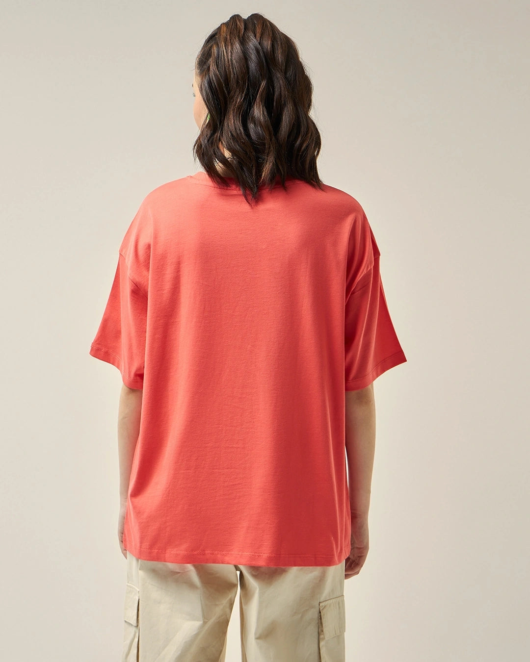 QUNIC Women's Coral Pink Snacking Graphic Printed Oversized T-shirt
