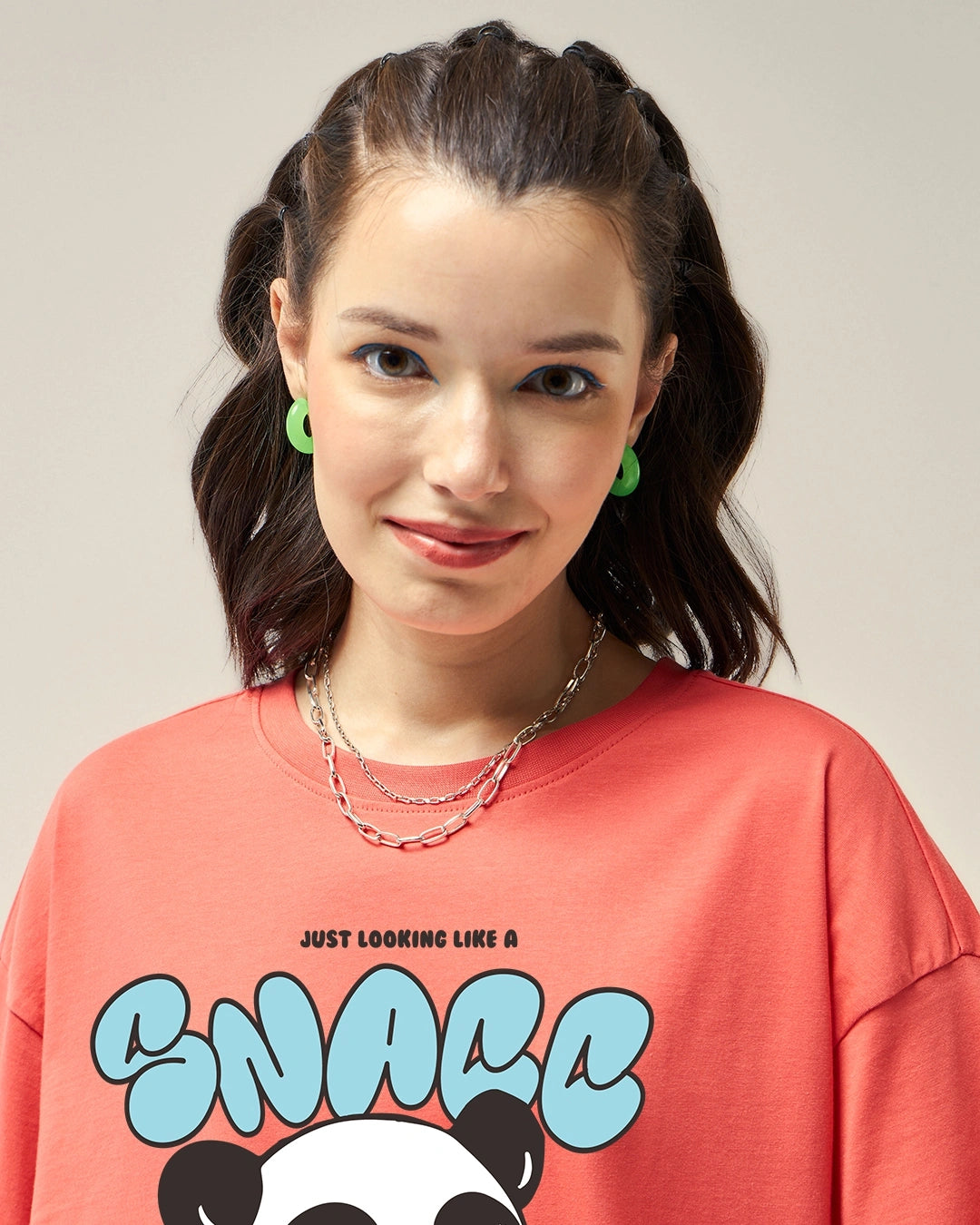 QUNIC Women's Coral Pink Snacking Graphic Printed Oversized T-shirt