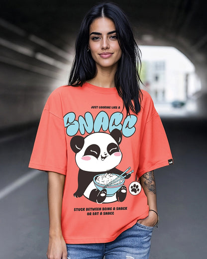 QUNIC Women's Coral Pink Snacking Graphic Printed Oversized T-shirt