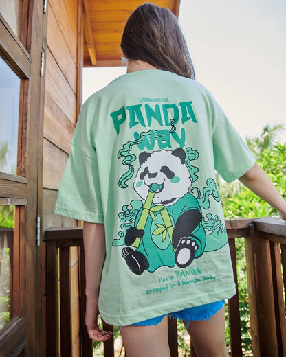 QUNIC Women's Green The Panda Way Graphic Printed Oversized T-shirt