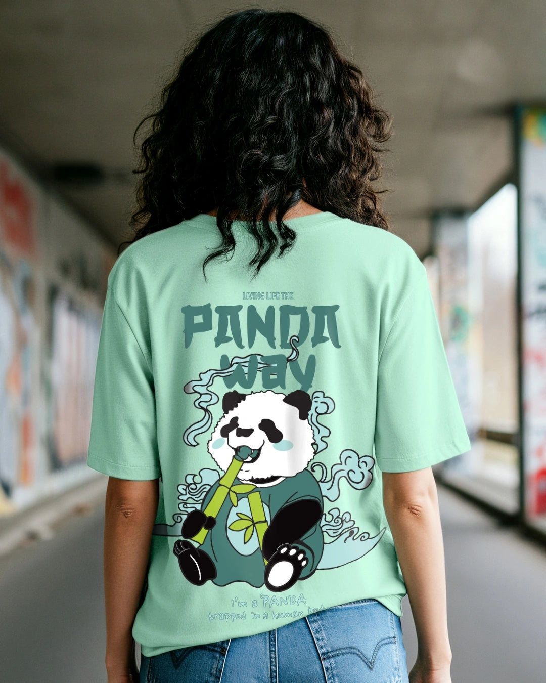 QUNIC Women's Green The Panda Way Graphic Printed Oversized T-shirt