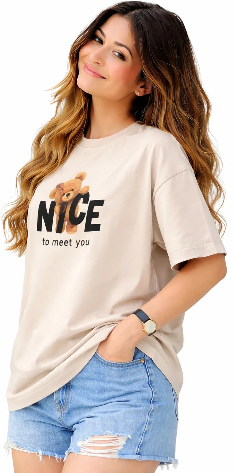 QUNIC Stem Rope Women Printed Round Neck Pure Cotton Beige T-Shirt