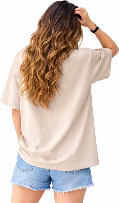 QUNIC Stem Rope Women Printed Round Neck Pure Cotton Beige T-Shirt