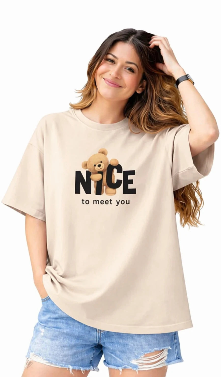 QUNIC Stem Rope Women Printed Round Neck Pure Cotton Beige T-Shirt