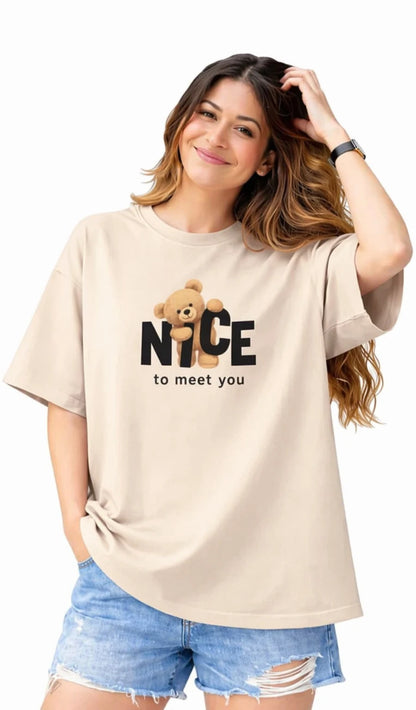 QUNIC Stem Rope Women Printed Round Neck Pure Cotton Beige T-Shirt